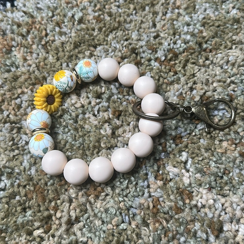 Sunflower Teal, Yellow & Cream Keychain Bracelet Wristlet Silicone Beaded Brassy